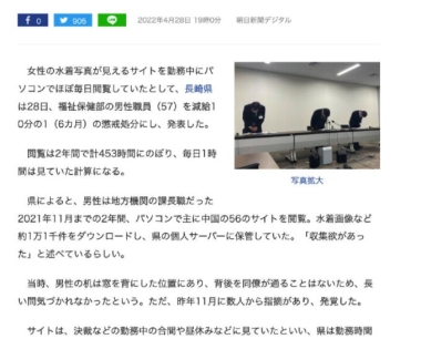 日本大叔上班看中国女性泳装网页遭处分